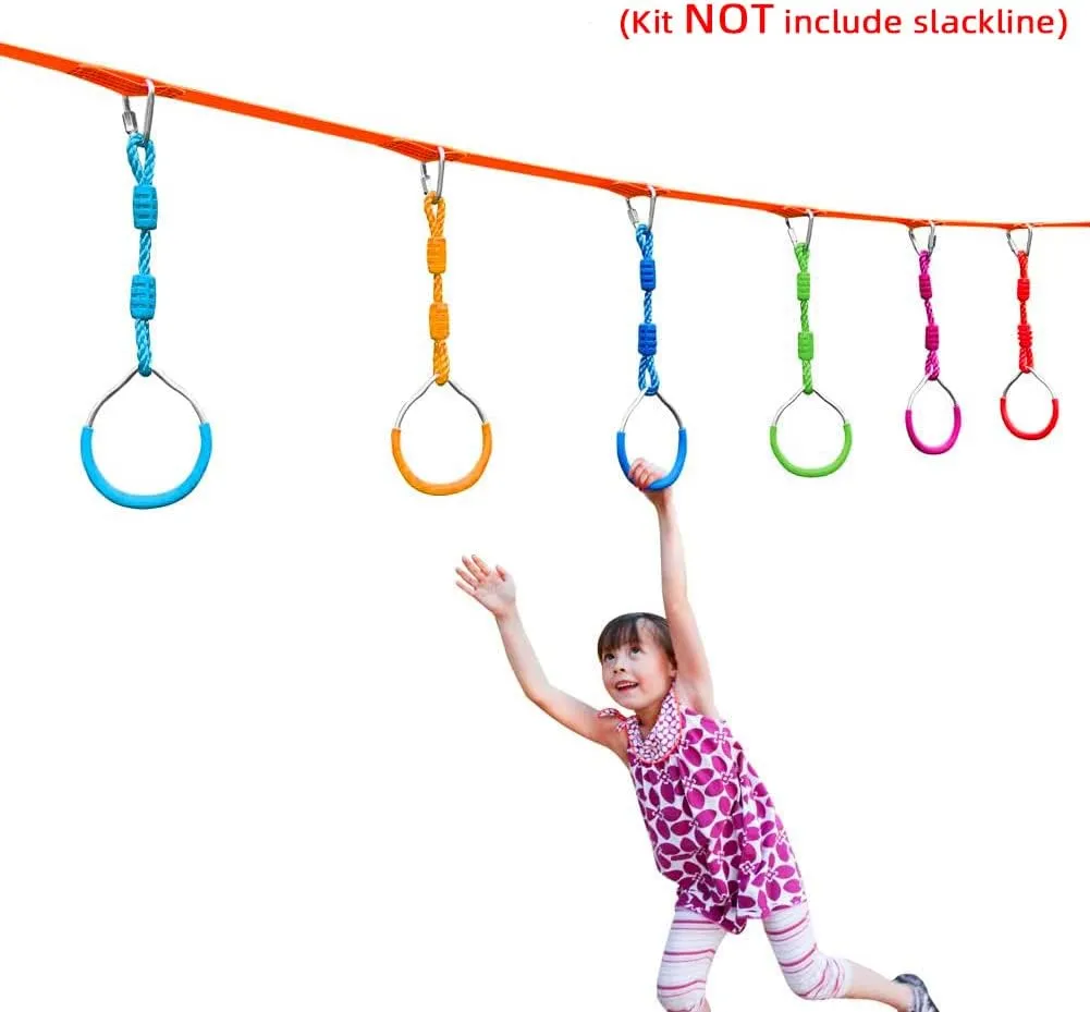 Fitness Gymnastic Ring Swing Monkey Bar Fists Trapeze Obstacle Course For Backyard Outdoor Indoor Jungle Home Gym, 2 Orange Hang Ninja Rope Rings Warrior Accessories Kids Playground Training Equipment