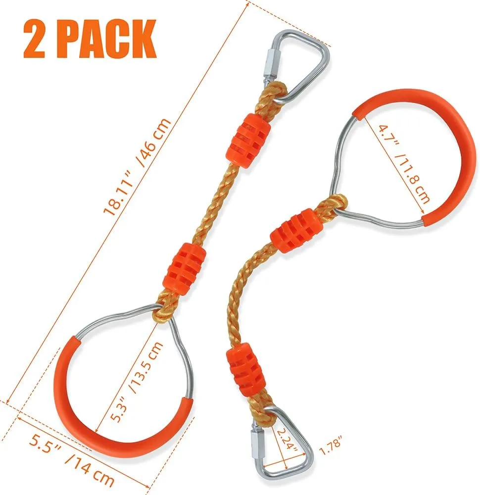 Fitness Gymnastic Ring Swing Monkey Bar Fists Trapeze Obstacle Course For Backyard Outdoor Indoor Jungle Home Gym, 2 Orange Hang Ninja Rope Rings Warrior Accessories Kids Playground Training Equipment