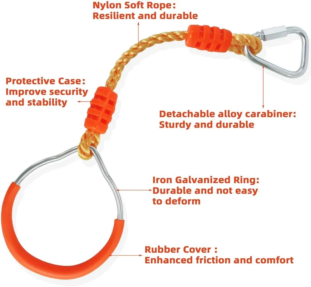 Fitness Gymnastic Ring Swing Monkey Bar Fists Trapeze Obstacle Course For Backyard Outdoor Indoor Jungle Home Gym, 2 Orange Hang Ninja Rope Rings Warrior Accessories Kids Playground Training Equipment