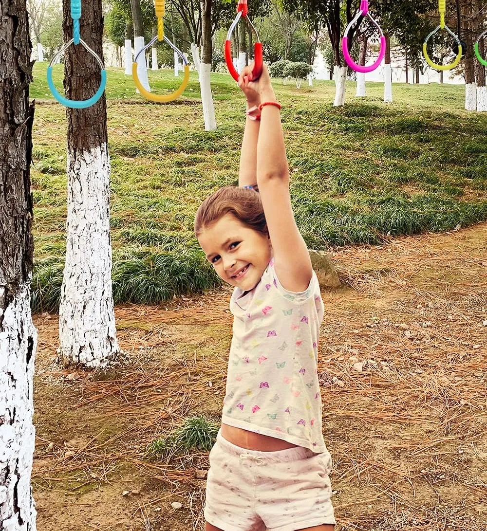 Fitness Gymnastic Ring Swing Monkey Bar Fists Trapeze Obstacle Course For Backyard Outdoor Indoor Jungle Home Gym, 2 Orange Hang Ninja Rope Rings Warrior Accessories Kids Playground Training Equipment