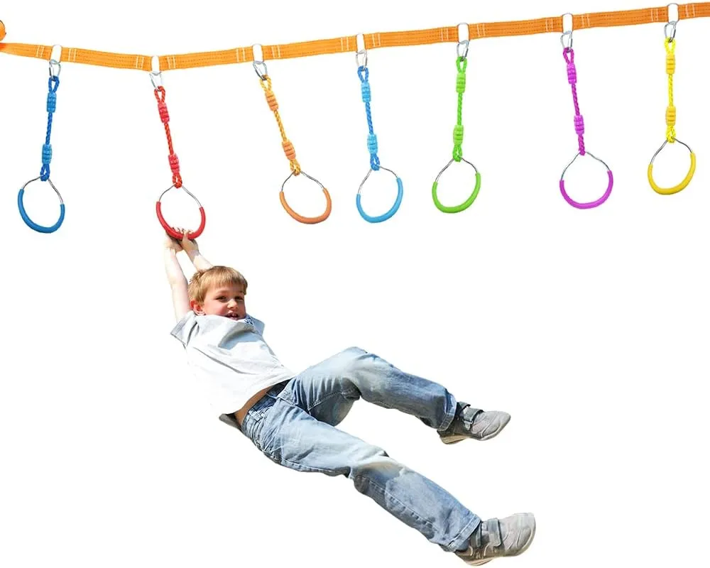 Fitness Gymnastic Ring Swing Monkey Bar Fists Trapeze Obstacle Course For Backyard Outdoor Indoor Jungle Home Gym, 2 Orange Hang Ninja Rope Rings Warrior Accessories Kids Playground Training Equipment