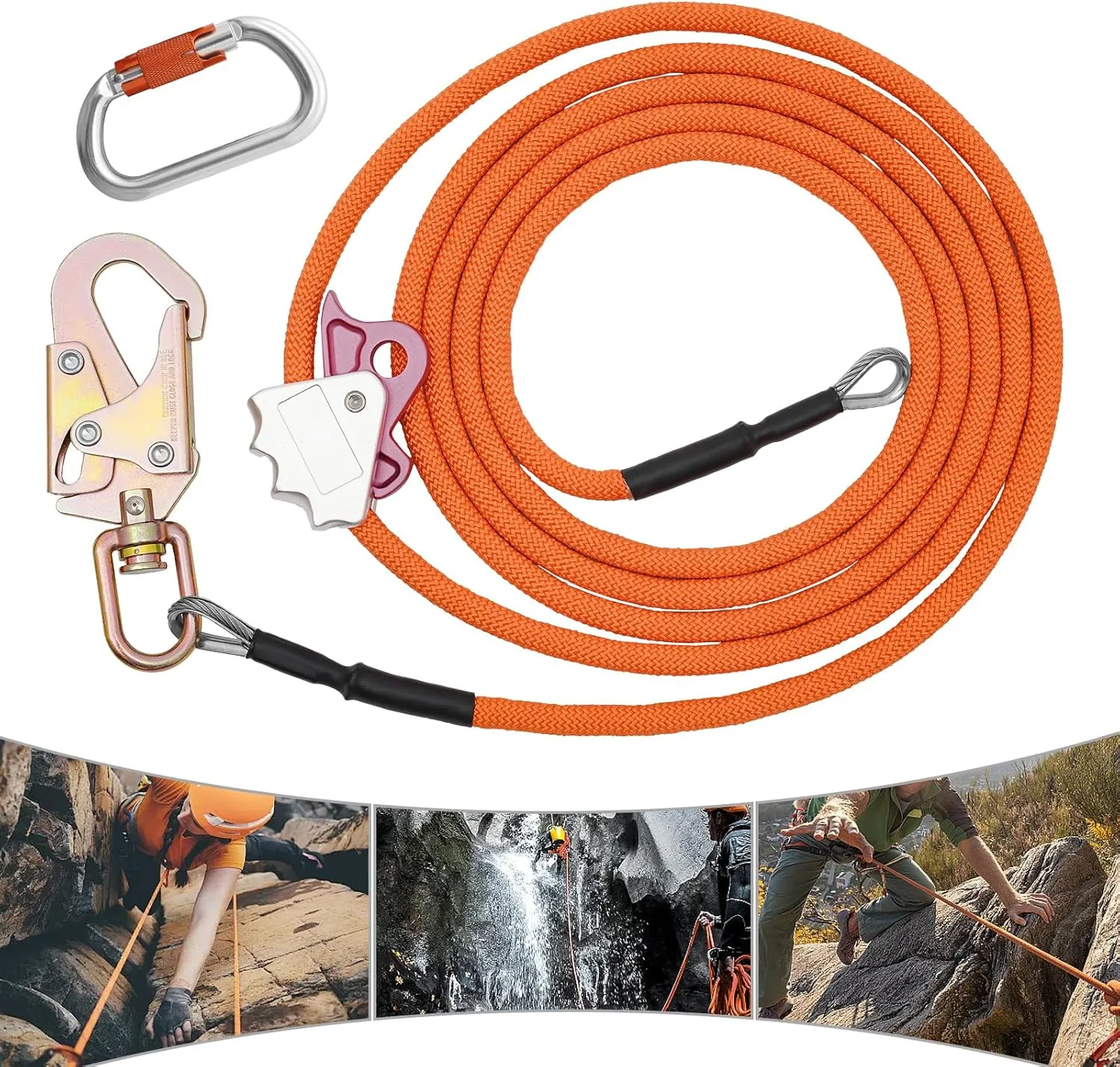 Flip Line, 20kn Steel Core Flipline Kit, Adjustable Tree Lanyard Cut Resistant Tree Climbing Lanyard, Low Stretch Positioning Swivel Snap Hook Triple Lock Rope Lanyard for Climbing Rescue (1/2" x 14')