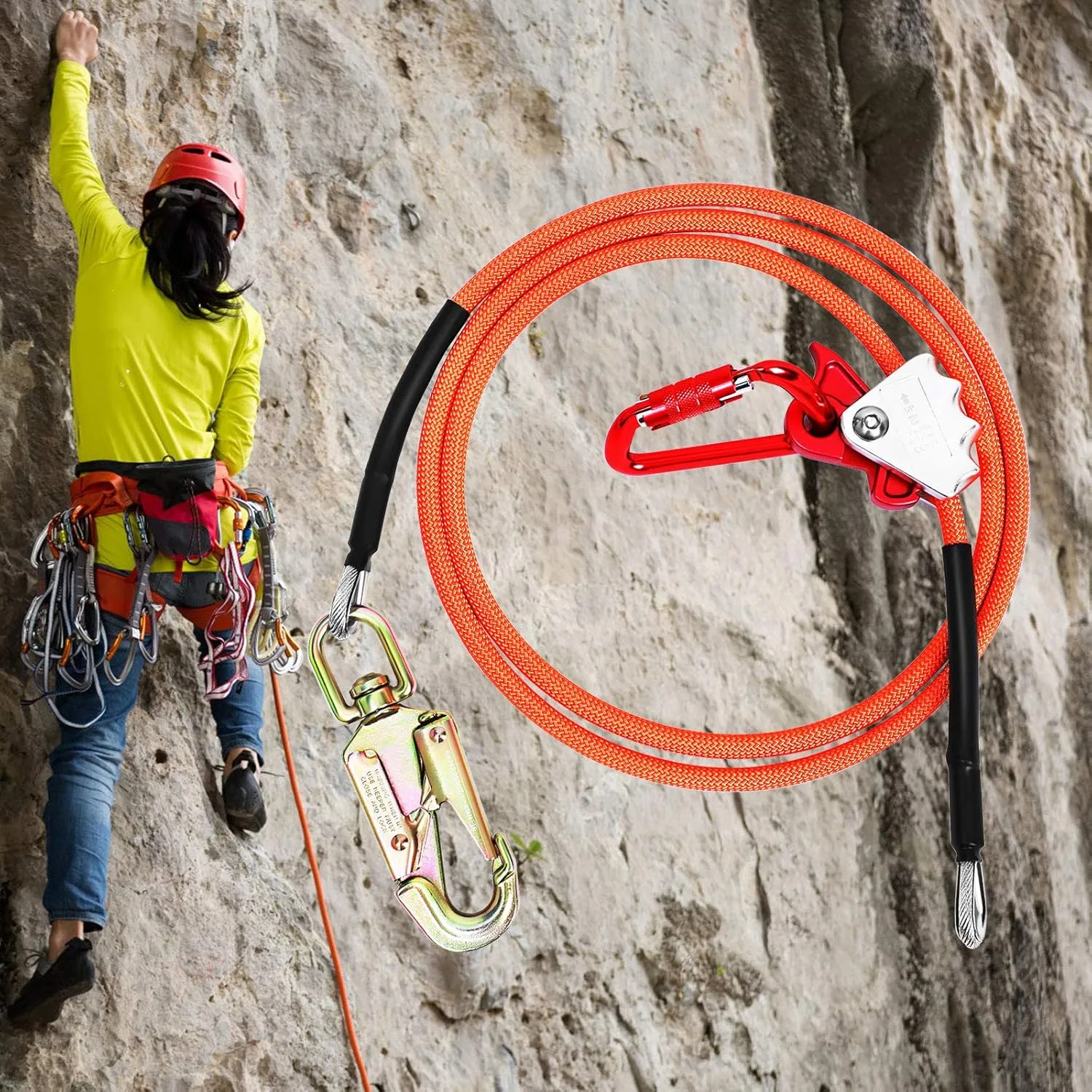 Flip Line, Wire Core Flipline 1/2" X 12', Wire Core Flip Line Kit with Triple Lock Carabiner Adjuster, Steel Swivel Snap, Climbing Flipline for Fall Protection, Arborist, Tree Climbers