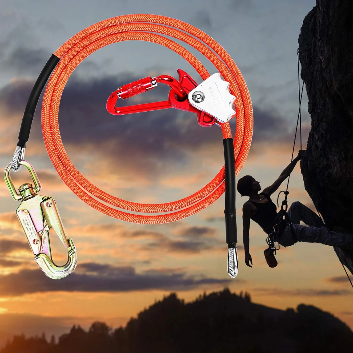 Flip Line, Wire Core Flipline 1/2" X 12', Wire Core Flip Line Kit with Triple Lock Carabiner Adjuster, Steel Swivel Snap, Climbing Flipline for Fall Protection, Arborist, Tree Climbers