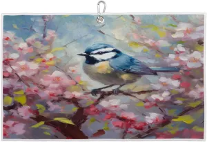 Flower Bird Branch Watercolor Golf Towel with Heavy Duty Carabiner Clip Quick Dry Ultra Absorbent Club Ball Cleaning Towel Golf Accessories for Men Women