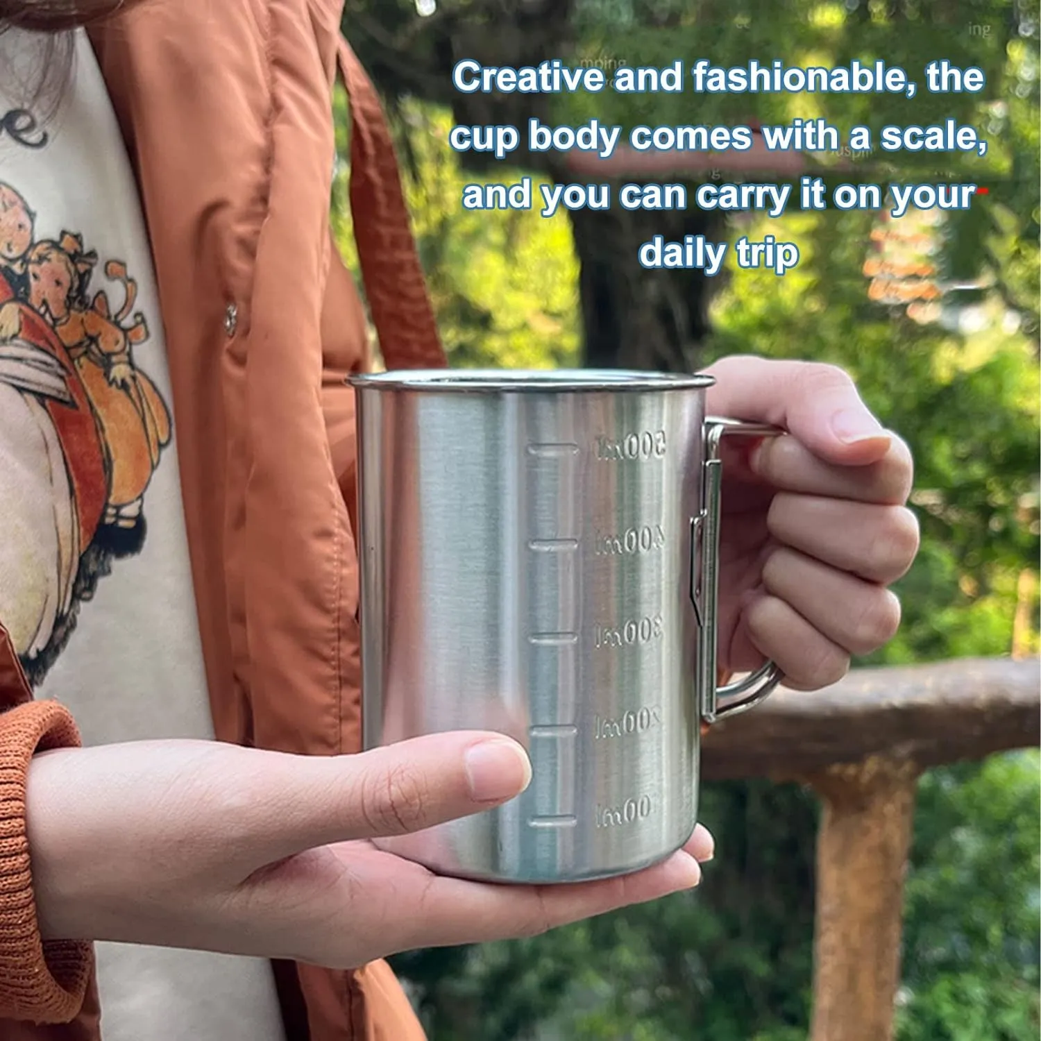 Foldable Camping Cup Mug Camping Pot Cookware Stainless Steel Outdoor Cup with Foldable Handle Lid Scale for Outdoor Hiking Backpacking Fishing (500ml)