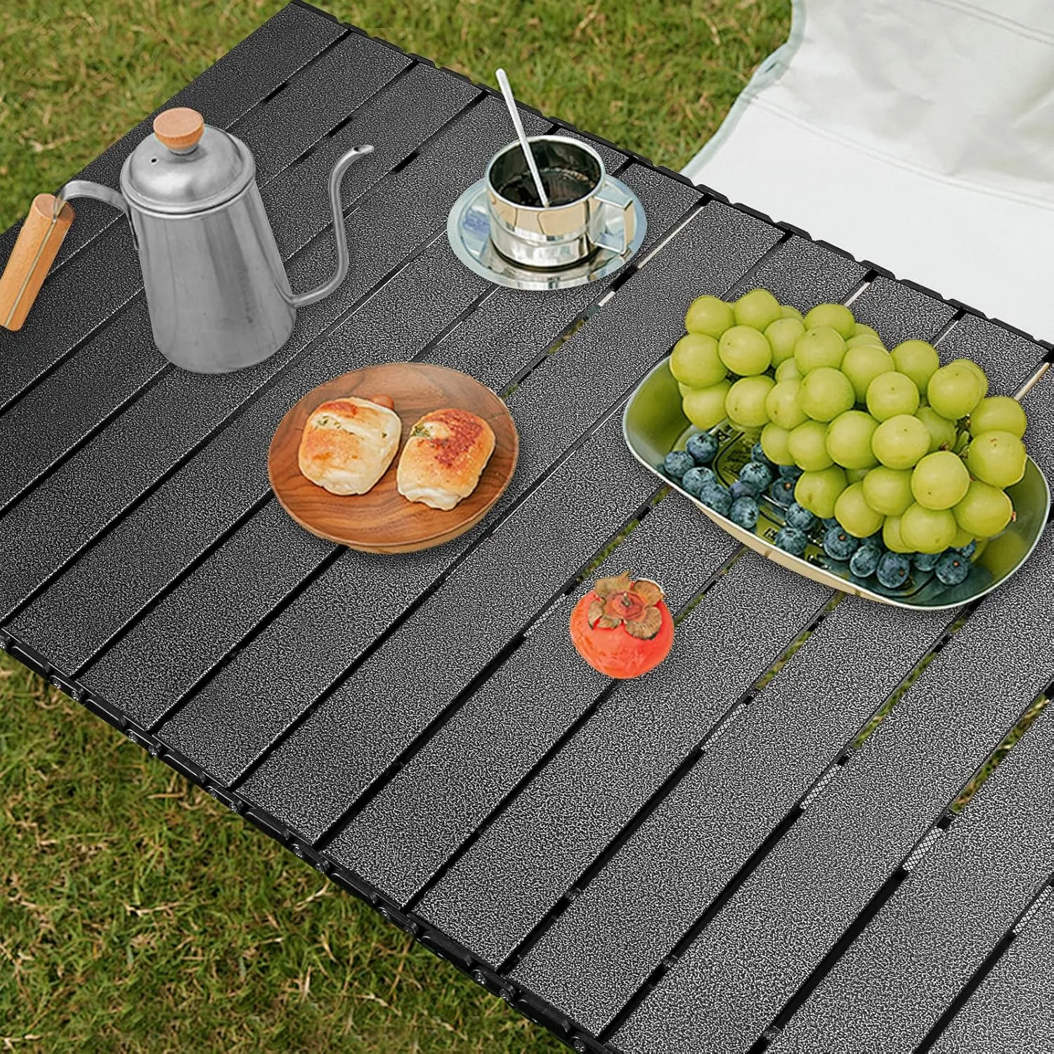 Folding Camping Table, Outdoor Roll-up Table Height Adjustable & Portable Metal Camp Grill Table for Picnic, BBQ, Party, Backyard, Beach, Mesh Storage and Carry Bag (Ash Black, 37.4'' Large)