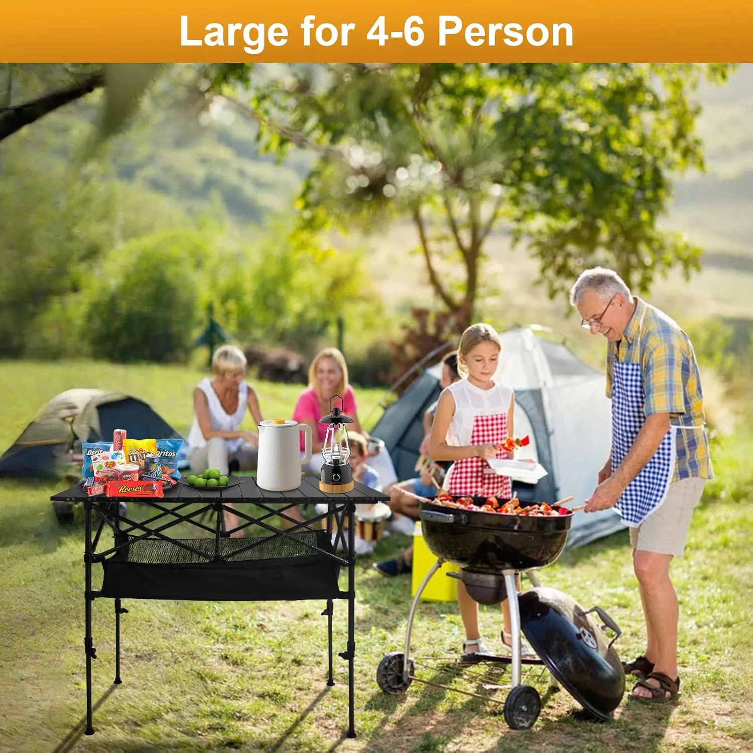 Folding Camping Table, Outdoor Roll-up Table Height Adjustable & Portable Metal Camp Grill Table for Picnic, BBQ, Party, Backyard, Beach, Mesh Storage and Carry Bag (Ash Black, 37.4'' Large)