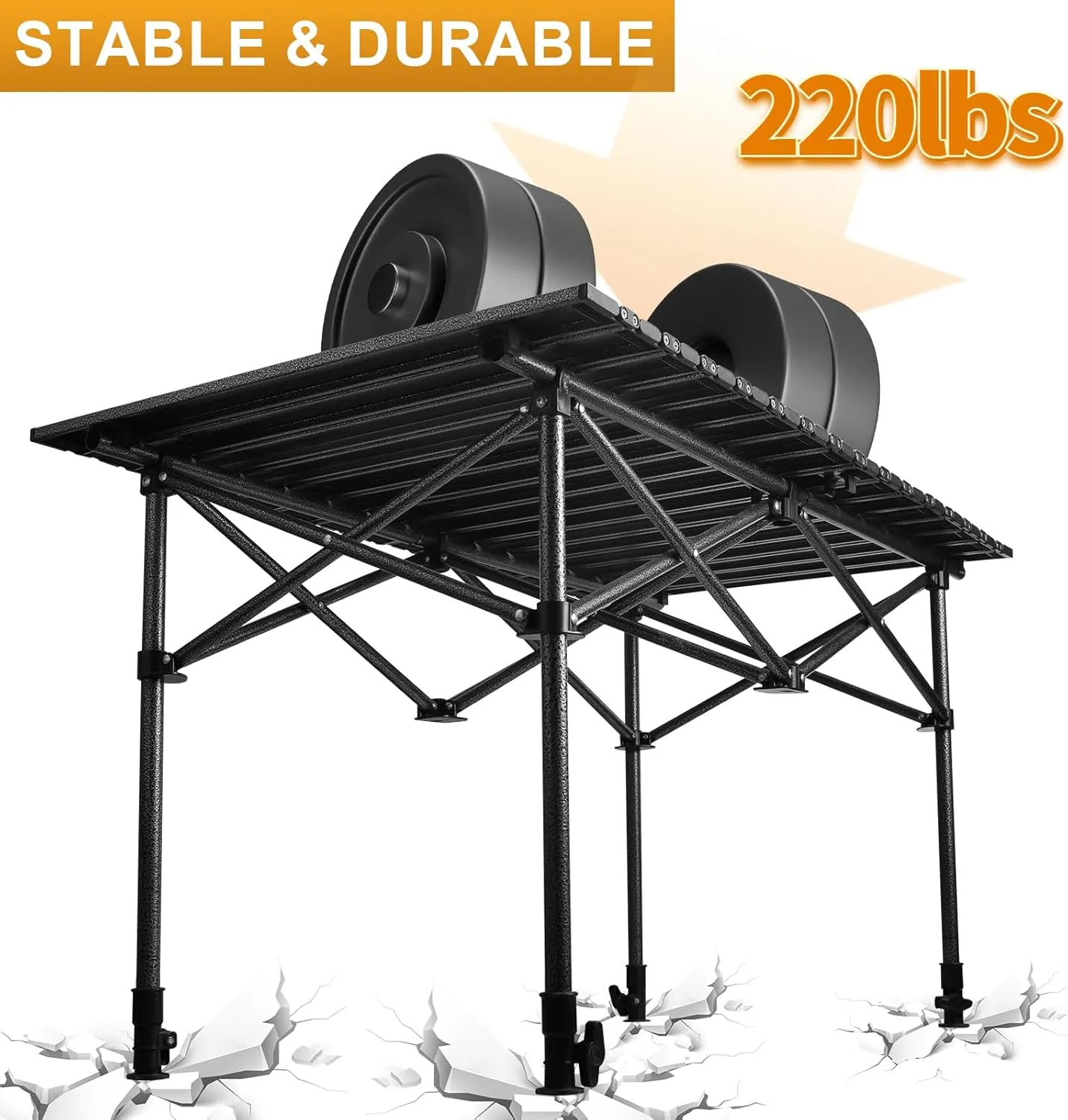 Folding Camping Table, Outdoor Roll-up Table Height Adjustable & Portable Metal Camp Grill Table for Picnic, BBQ, Party, Backyard, Beach, Mesh Storage and Carry Bag (Ash Black, 37.4'' Large)