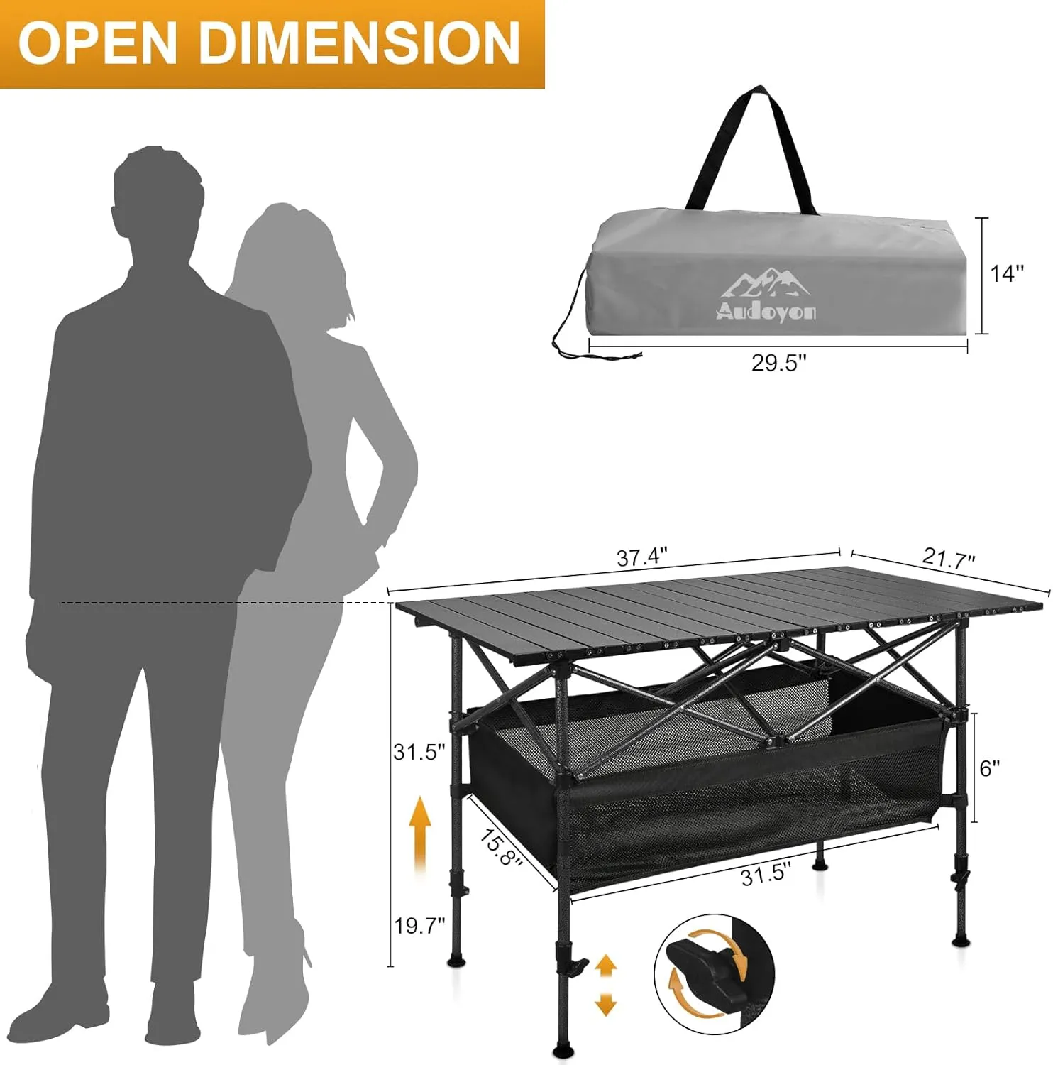 Folding Camping Table, Outdoor Roll-up Table Height Adjustable & Portable Metal Camp Grill Table for Picnic, BBQ, Party, Backyard, Beach, Mesh Storage and Carry Bag (Ash Black, 37.4'' Large)