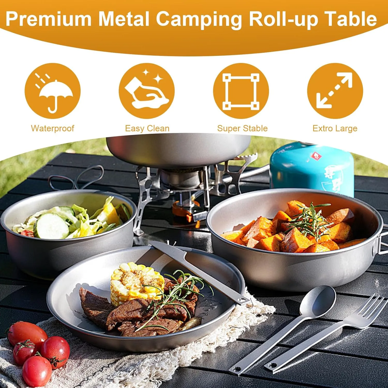 Folding Camping Table, Outdoor Roll-up Table Height Adjustable & Portable Metal Camp Grill Table for Picnic, BBQ, Party, Backyard, Beach, Mesh Storage and Carry Bag (Ash Black, 37.4'' Large)