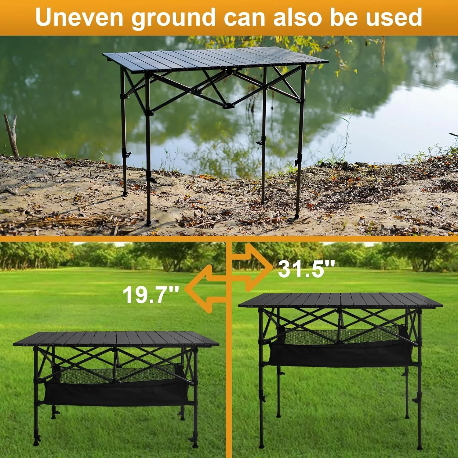Folding Camping Table, Outdoor Roll-up Table Height Adjustable & Portable Metal Camp Grill Table for Picnic, BBQ, Party, Backyard, Beach, Mesh Storage and Carry Bag (Ash Black, 37.4'' Large)