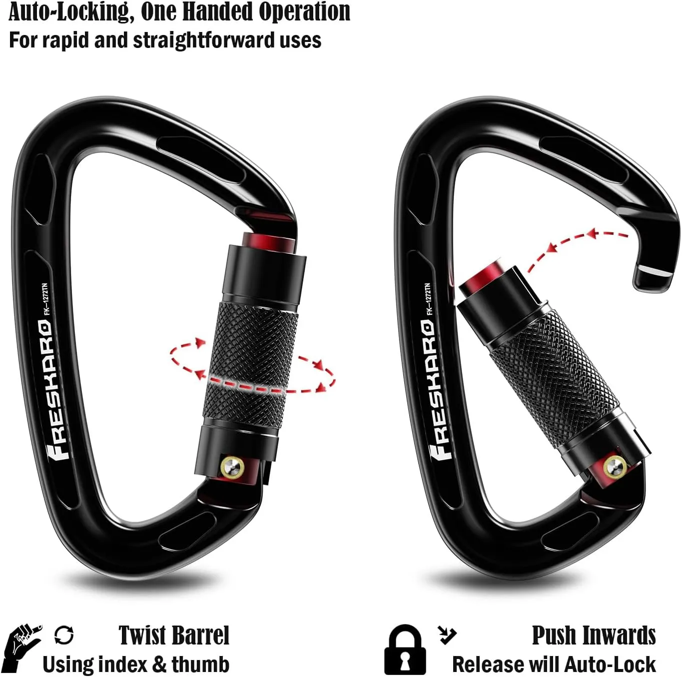 FresKaro 4inches 25kN-5621lbs Climbing Carabiners, UIAA CE Certified, Twist Auto Locking, Made of 7075 Aluminium, Lightweight, Rust Proof, for Mountaineering, Rappelling etc., Multi-Colors