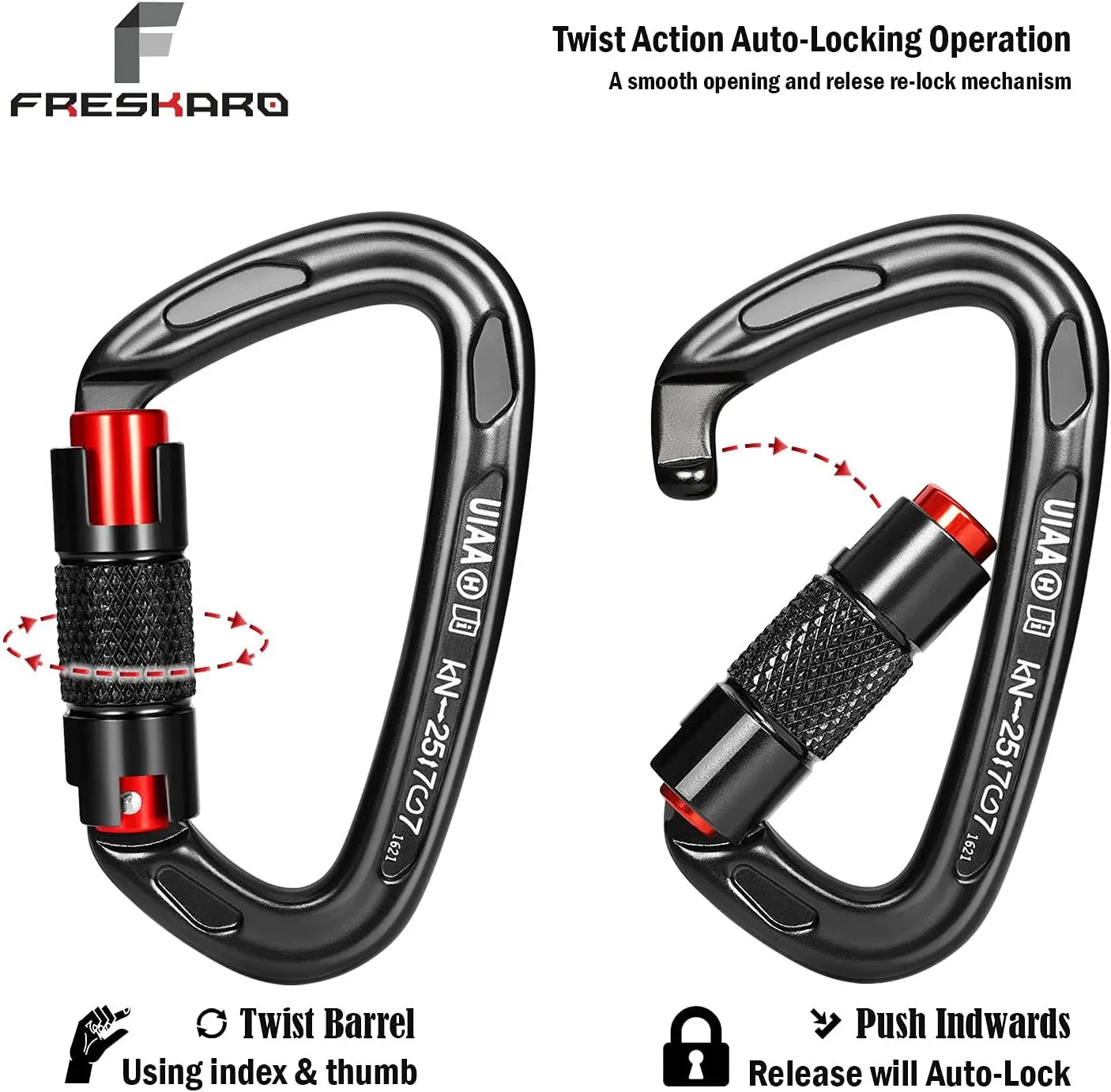 FresKaro UIAA Certified 25KN Auto Locking Climbing Carabiner Clips, Twist Lock, and Heavy Duty Carabiners for Rock Climbing, Rappelling, and Mountaineering, D Shaped 3.93 Inch, Large Size, Black
