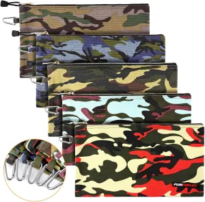 FunOwlet Canvas Tool Pouch Zipper Bag - 5 Pack Heavy Duty Utility Camo Bags with Carabiner, Multi-Purpose Storage Organizer Clip on Tote Pouches 12.5 x 7-Inch