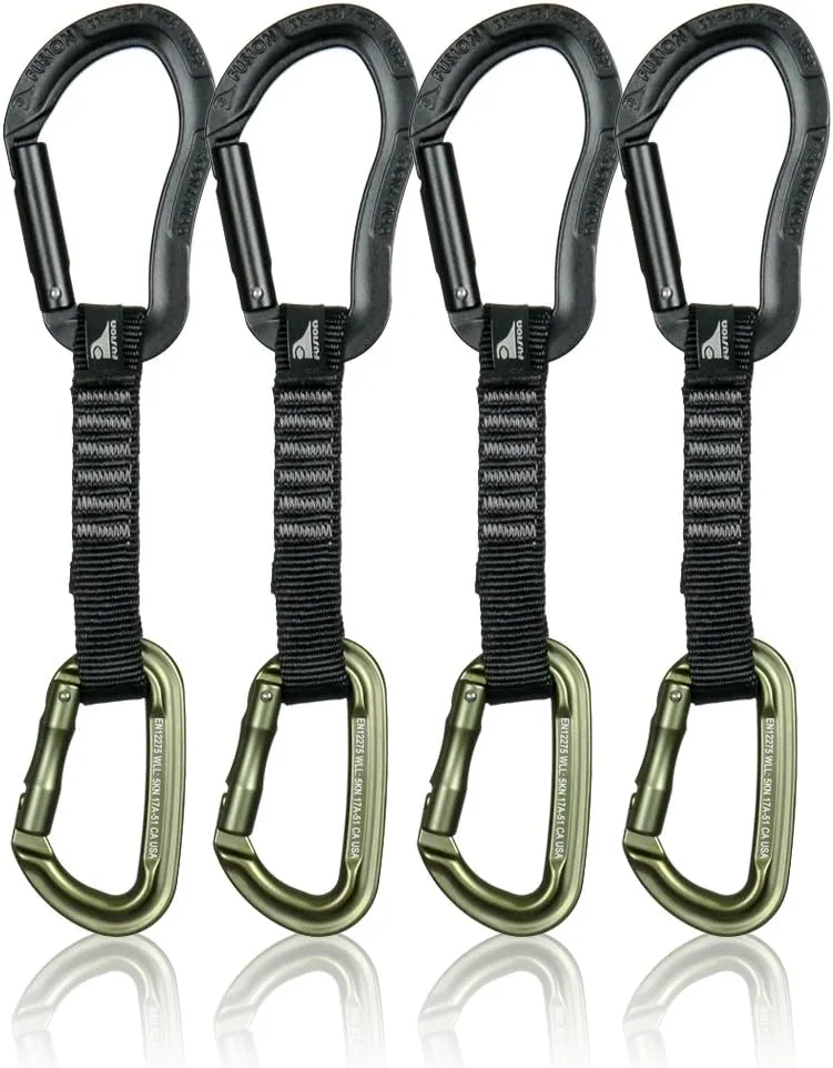 Fusion Climb 4-Pack 12cm Tactical Military Rescue Quickdraw Set with Techno Zoom Straight Gate Black/Contigua Straight Gate Green Carabiners