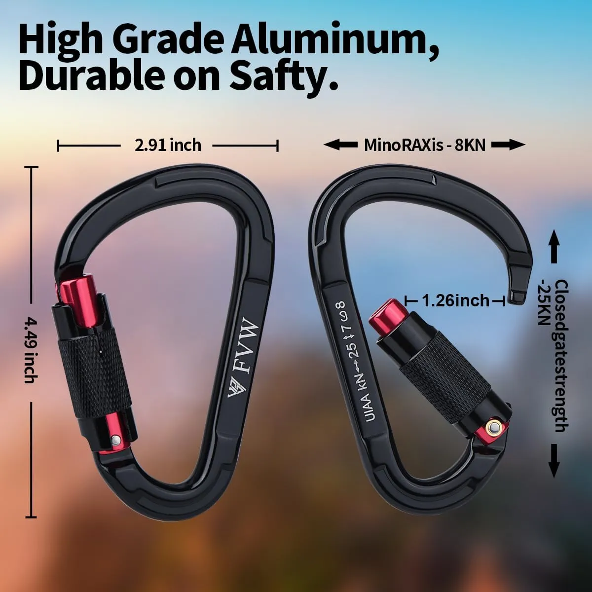 FVW Auto Locking Rock Climbing Carabiner Clips, UIAA Certified Professional 25KN (5620 lbs) Heavy Duty Caribeaners for Rappelling Swing Rescue & Gym etc,Large Carabiners,D-Shaped