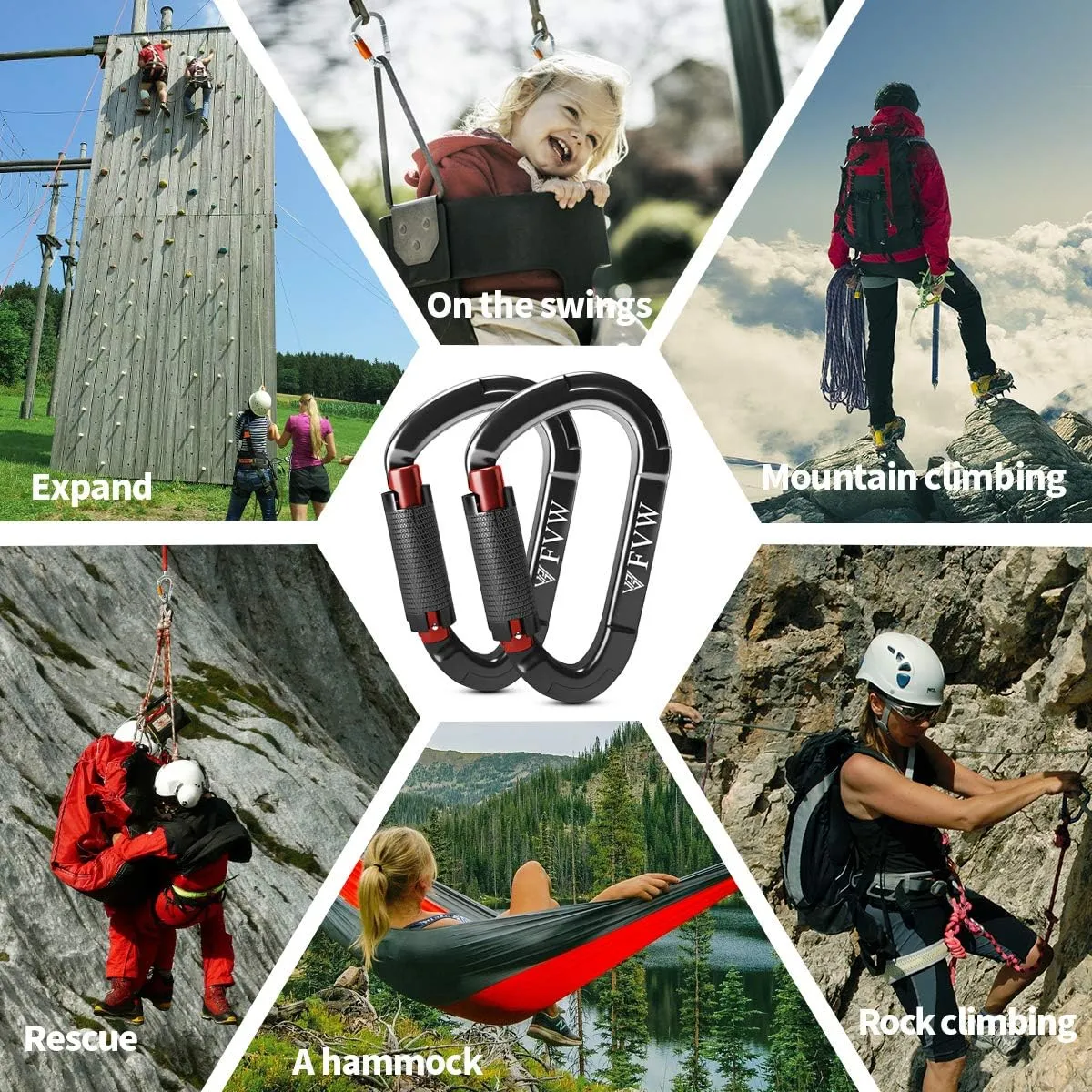 FVW Auto Locking Rock Climbing Carabiner Clips, UIAA Certified Professional 25KN (5620 lbs) Heavy Duty Caribeaners for Rappelling Swing Rescue & Gym etc,Large Carabiners,D-Shaped