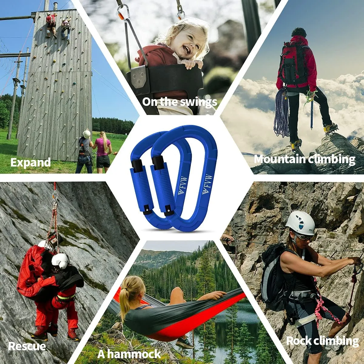 FVW Auto Locking Rock Climbing Carabiner Clips,Professional 25KN (5620 lbs) Heavy Duty Caribeaners for Rappelling Swing Rescue & Gym etc, Large D-Shaped Carabiners
