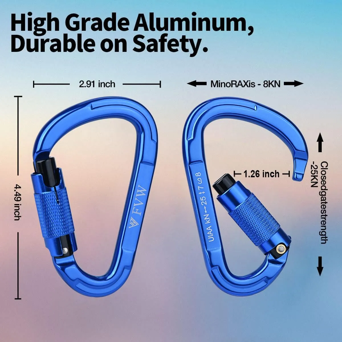 FVW Auto Locking Rock Climbing Carabiner Clips,Professional 25KN (5620 lbs) Heavy Duty Caribeaners for Rappelling Swing Rescue & Gym etc, Large D-Shaped Carabiners