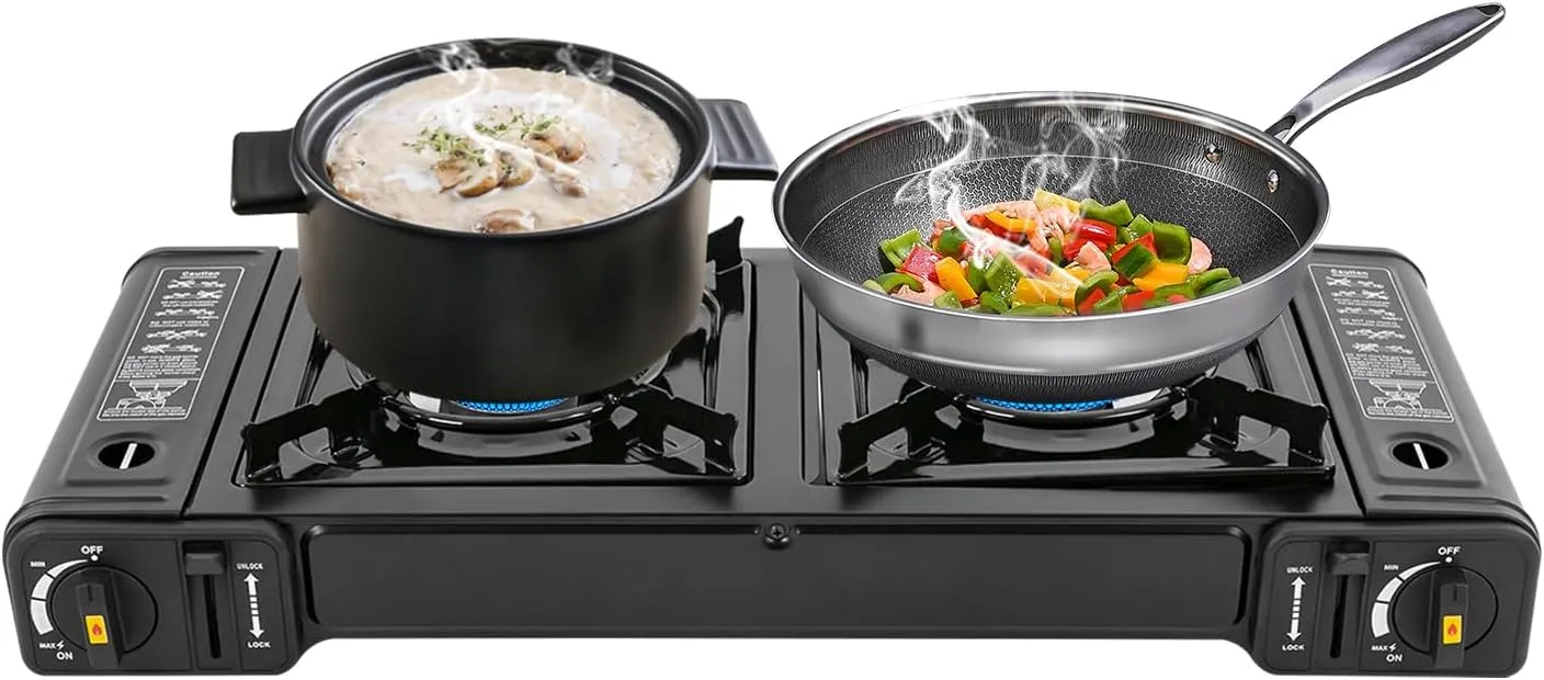 Gas Camping Stove, 1.15KW Portable Propane Burner, 2-Burner Portable Camping Stove Grill with Push-Button Instant Ignition for Camping Traveling Hiking Picnicking (Not Included Butane Tank)