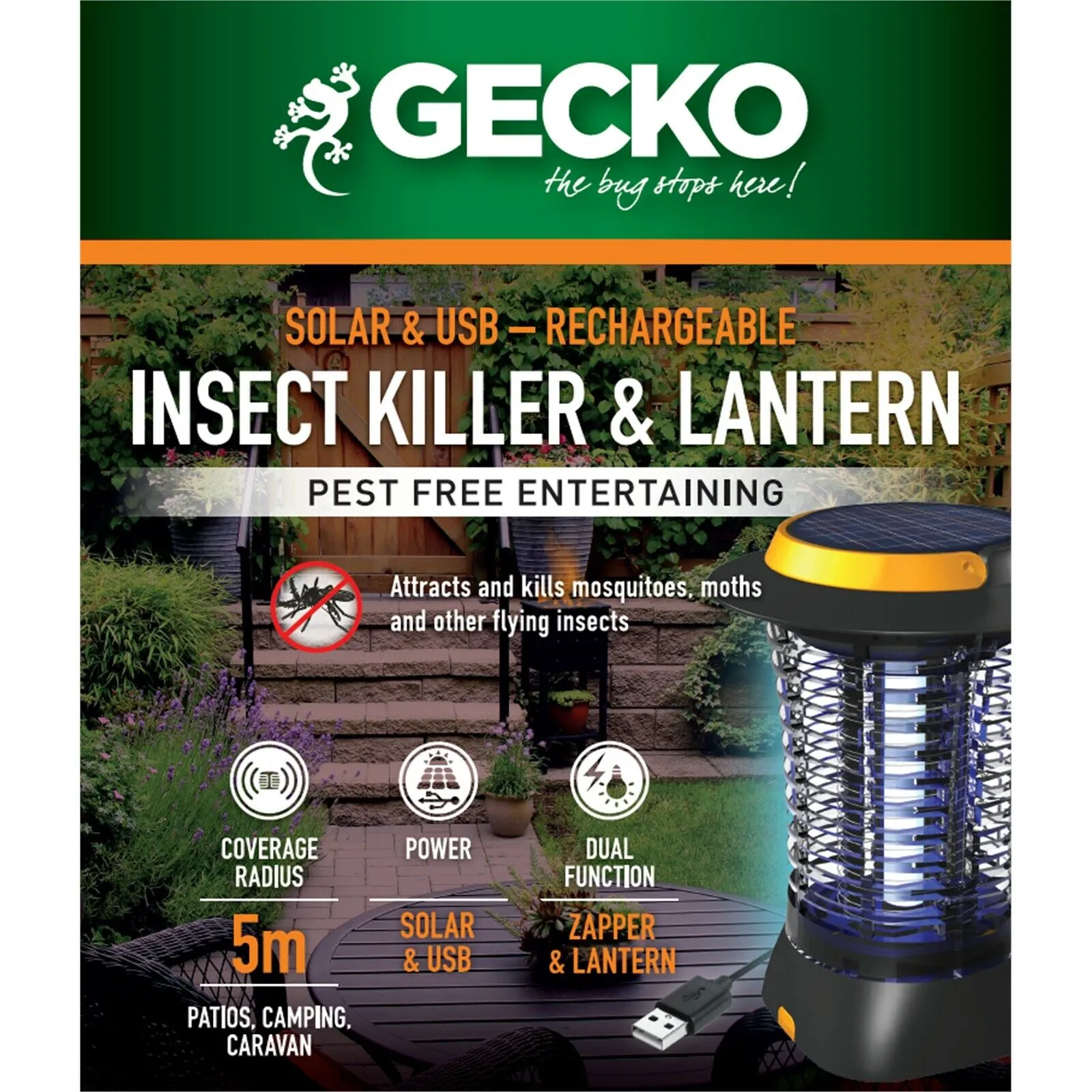 Gecko Cordless Solar/USB Rechargeable Lantern Zapper/ Ideal for Patio, Picnic & Camping