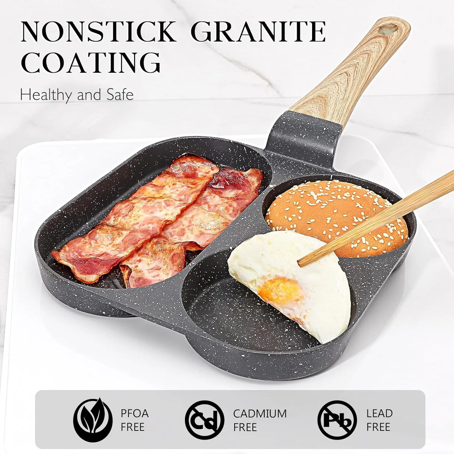 GiPP Non Stick Egg Pan - 3 Section Breakfast Frying Pan, 3-In-1 Divided Grill Pan with Heat-Resistant Handle, 7.9" Omelette Pan Compatible with All Stovetops, PFOA Free, Grey