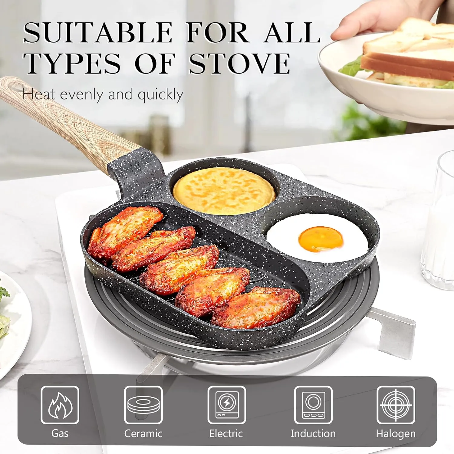 GiPP Non Stick Egg Pan - 3 Section Breakfast Frying Pan, 3-In-1 Divided Grill Pan with Heat-Resistant Handle, 7.9" Omelette Pan Compatible with All Stovetops, PFOA Free, Grey