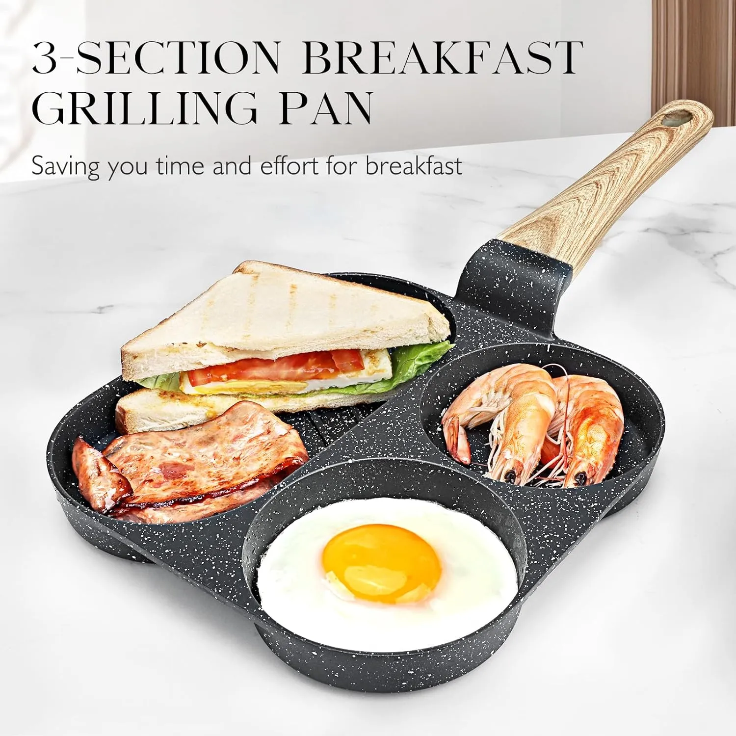 GiPP Non Stick Egg Pan - 3 Section Breakfast Frying Pan, 3-In-1 Divided Grill Pan with Heat-Resistant Handle, 7.9" Omelette Pan Compatible with All Stovetops, PFOA Free, Grey