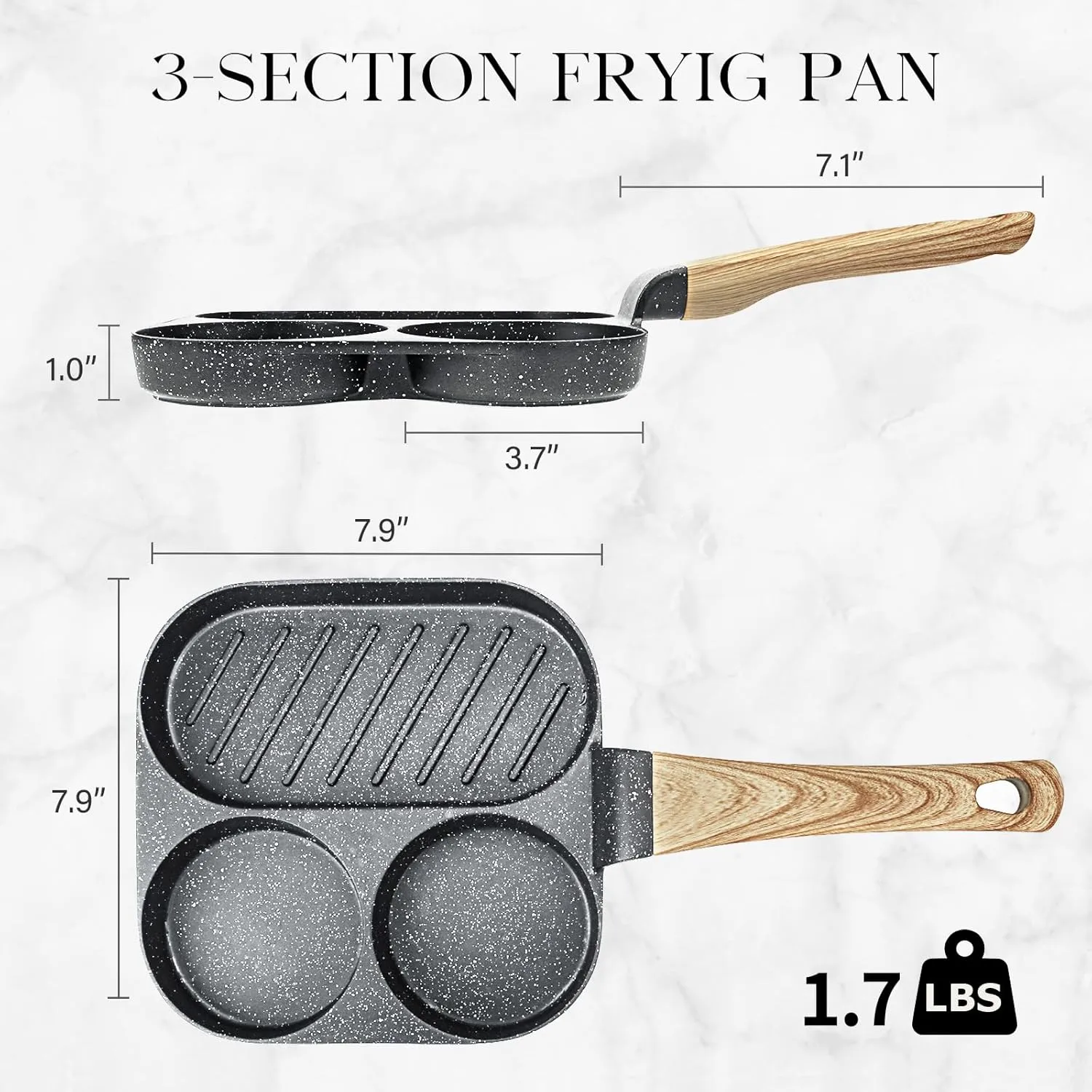 GiPP Non Stick Egg Pan - 3 Section Breakfast Frying Pan, 3-In-1 Divided Grill Pan with Heat-Resistant Handle, 7.9" Omelette Pan Compatible with All Stovetops, PFOA Free, Grey