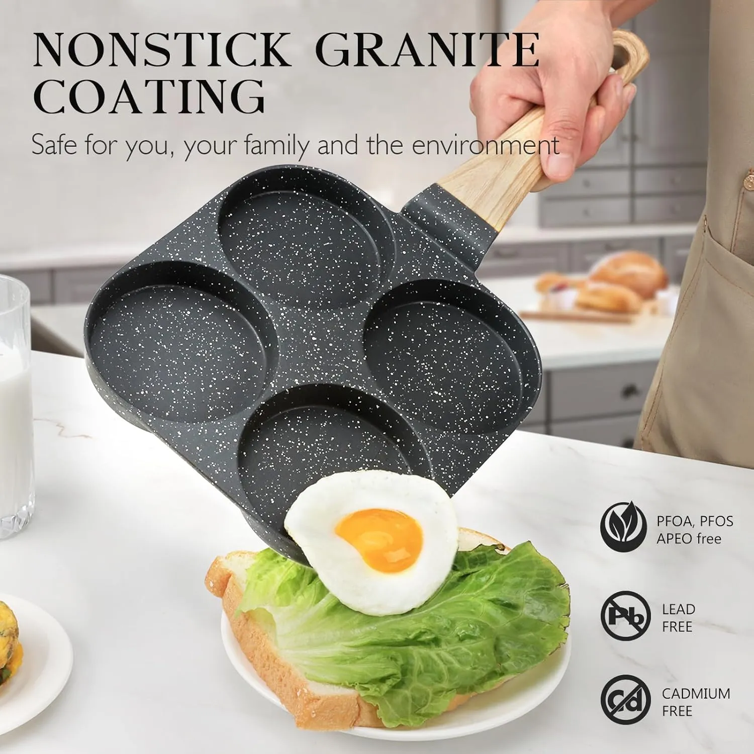 GiPP Non Stick Egg Pan, 4-Cup Granite Omelette Pan Skillet for Breakfast, Pancake Pan with Heat-Resistant Handle, Compatible with All Stovetops, Easy to Clean, PFOA Free, Grey