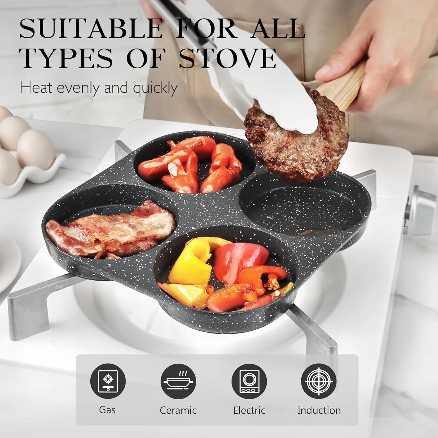 GiPP Non Stick Egg Pan, 4-Cup Granite Omelette Pan Skillet for Breakfast, Pancake Pan with Heat-Resistant Handle, Compatible with All Stovetops, Easy to Clean, PFOA Free, Grey