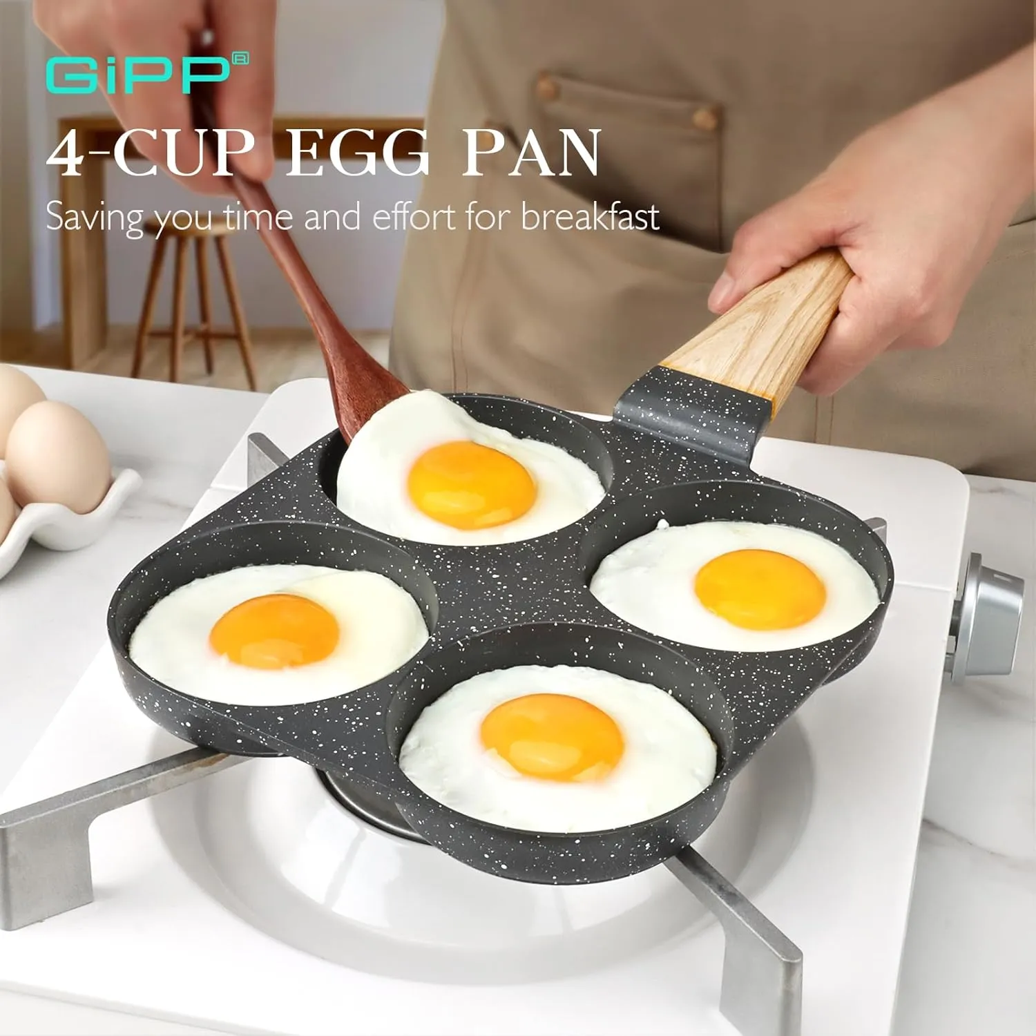 GiPP Non Stick Egg Pan, 4-Cup Granite Omelette Pan Skillet for Breakfast, Pancake Pan with Heat-Resistant Handle, Compatible with All Stovetops, Easy to Clean, PFOA Free, Grey