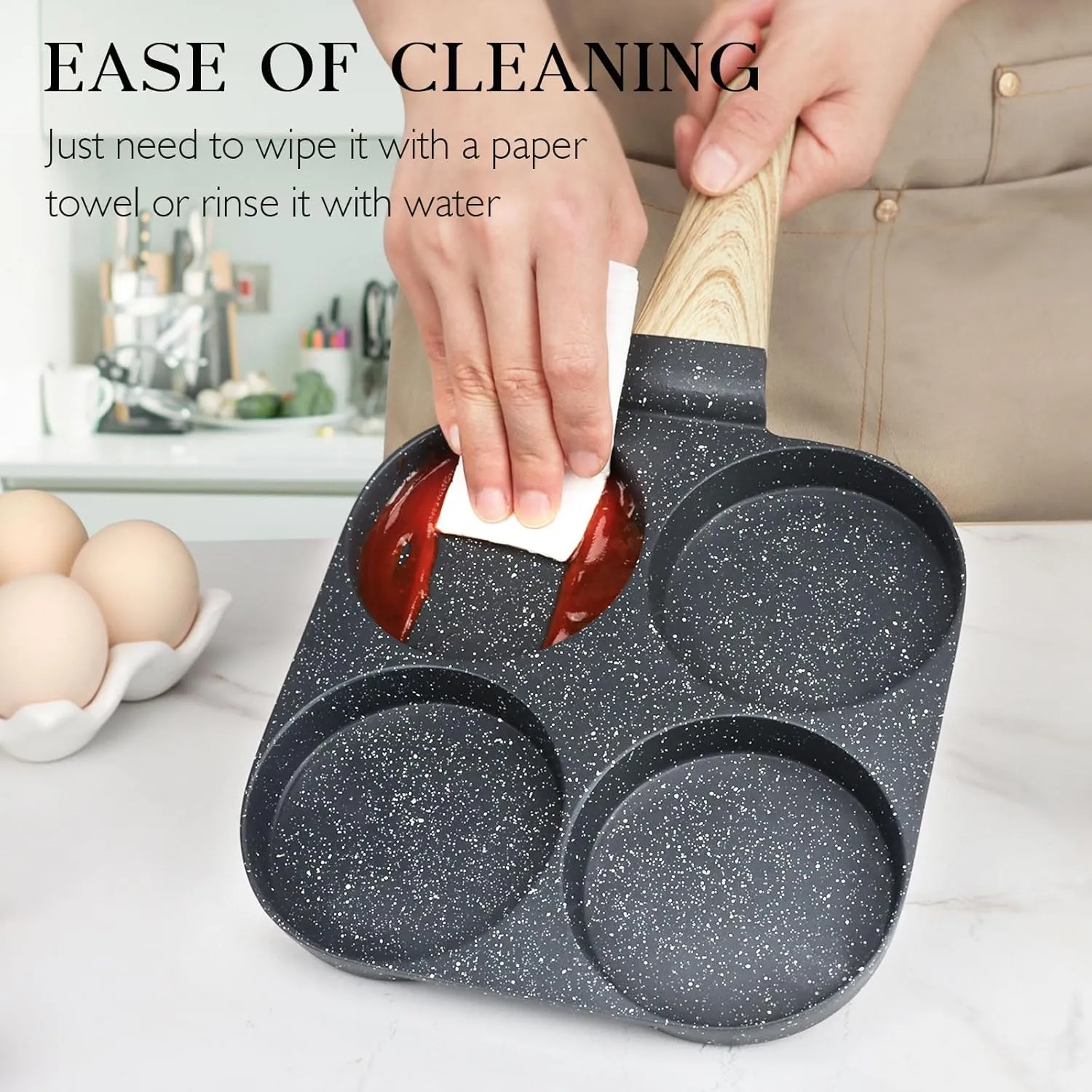 GiPP Non Stick Egg Pan, 4-Cup Granite Omelette Pan Skillet for Breakfast, Pancake Pan with Heat-Resistant Handle, Compatible with All Stovetops, Easy to Clean, PFOA Free, Grey