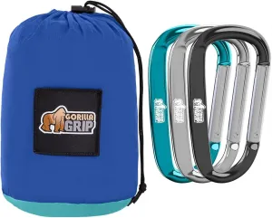 GORILLA GRIP Camping Hammock and Heavy Duty Carabiner Clip, Camping Hammock Holds 500 lbs in Blue, Carabiner Clip 3 Pack in Black Silver Turquoise, 2 Item Bundle