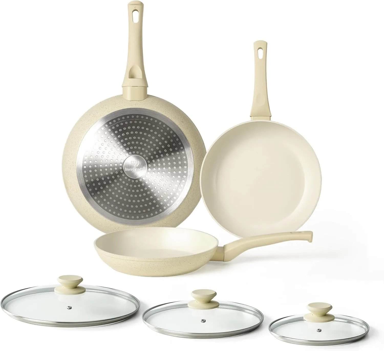 Granite Nonstick Cookware Set - 3 Pcs Induction Skillets, Egg & Omelette Frying Pans with Lids, Healthy, No Toxic, PFOA Free