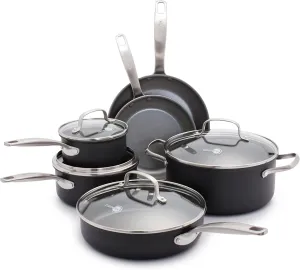 GreenPan Chatham Hard Anodized Healthy Ceramic Nonstick 10 Piece Cookware Pots and Pans Set, Frying Pan Skillets, Saucepans, Saute Pan, Stockpot, Lids, PFAS & PFOA-Free, Dishwasher & Oven Safe, Gray