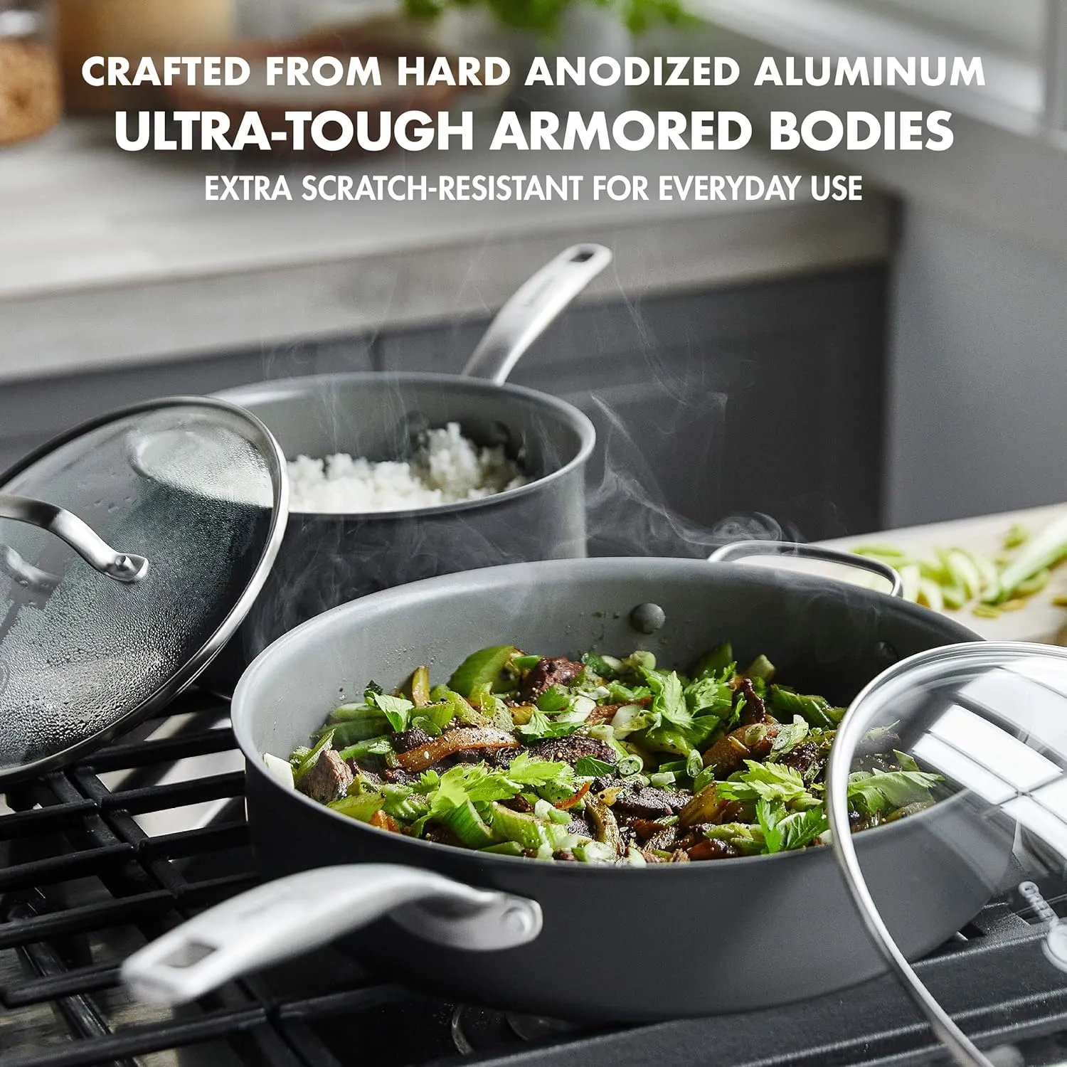 GreenPan Chatham Hard Anodized Healthy Ceramic Nonstick 10 Piece Cookware Pots and Pans Set, Frying Pan Skillets, Saucepans, Saute Pan, Stockpot, Lids, PFAS & PFOA-Free, Dishwasher & Oven Safe, Gray