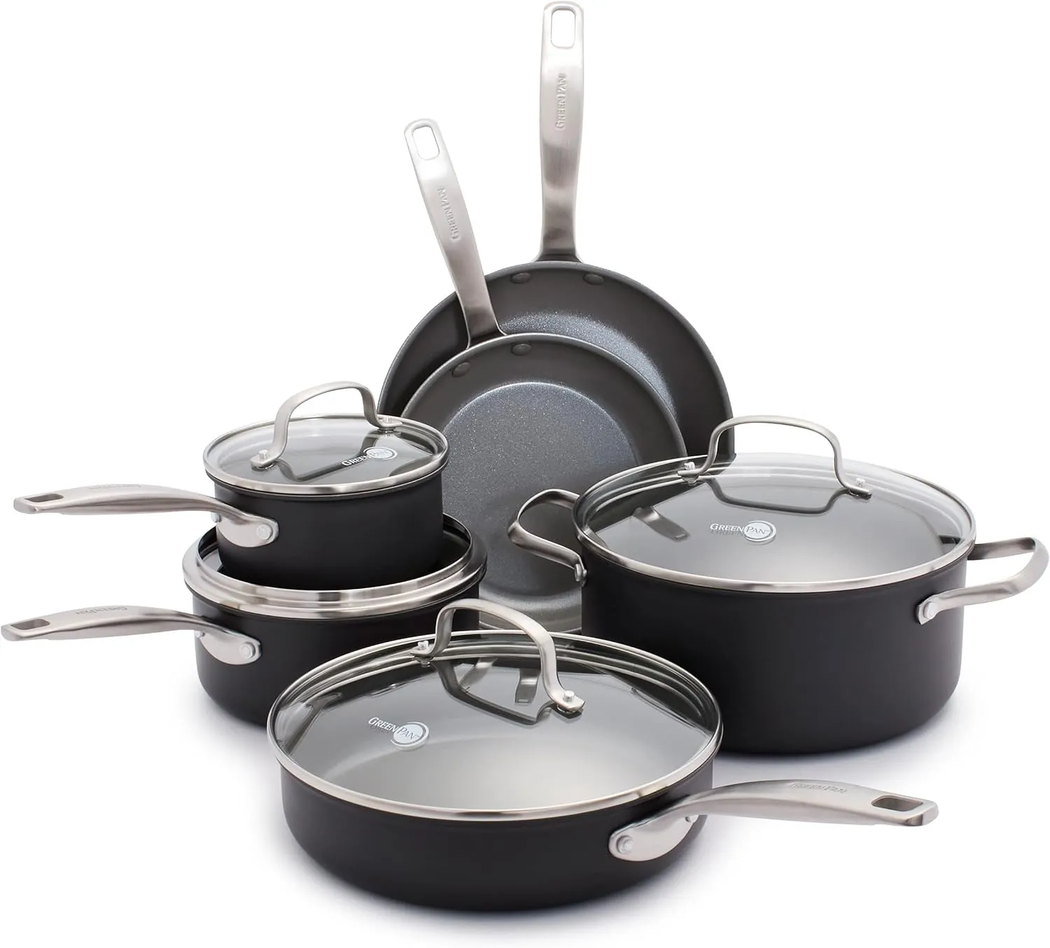 GreenPan Chatham Hard Anodized Healthy Ceramic Nonstick 10 Piece Cookware Pots and Pans Set, Frying Pan Skillets, Saucepans, Saute Pan, Stockpot, Lids, PFAS & PFOA-Free, Dishwasher & Oven Safe, Gray