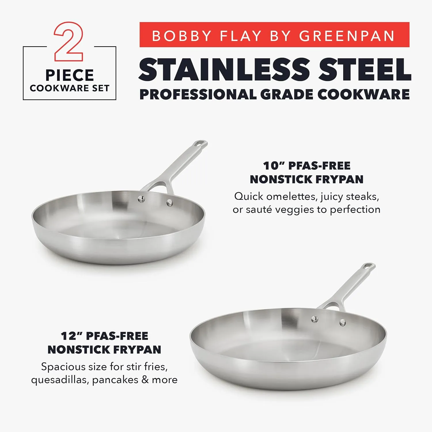 GreenPan x Bobby Flay Stainless Steel 10” & 12” Frying Pan Skillet Set, Induction Compatible, Durable, Dishwasher Safe, Oven & Broiler Safe 400°F, Tri Ply Clad Pans, Heat Responsive Core, 2-Piece Set