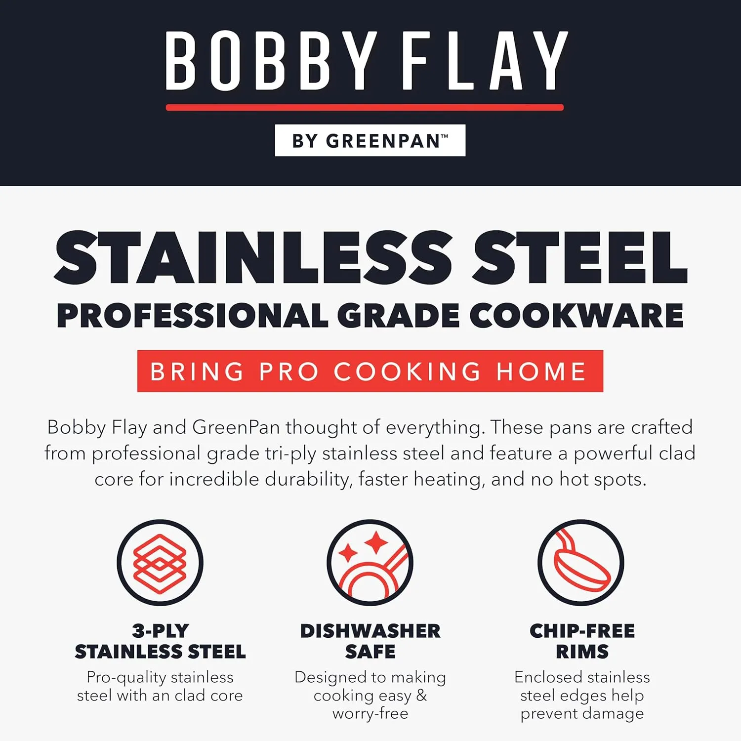 GreenPan x Bobby Flay Stainless Steel 10” & 12” Frying Pan Skillet Set, Induction Compatible, Durable, Dishwasher Safe, Oven & Broiler Safe 400°F, Tri Ply Clad Pans, Heat Responsive Core, 2-Piece Set
