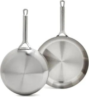 GreenPan x Bobby Flay Stainless Steel 10” & 12” Frying Pan Skillet Set, Induction Compatible, Durable, Dishwasher Safe, Oven & Broiler Safe 400°F, Tri Ply Clad Pans, Heat Responsive Core, 2-Piece Set