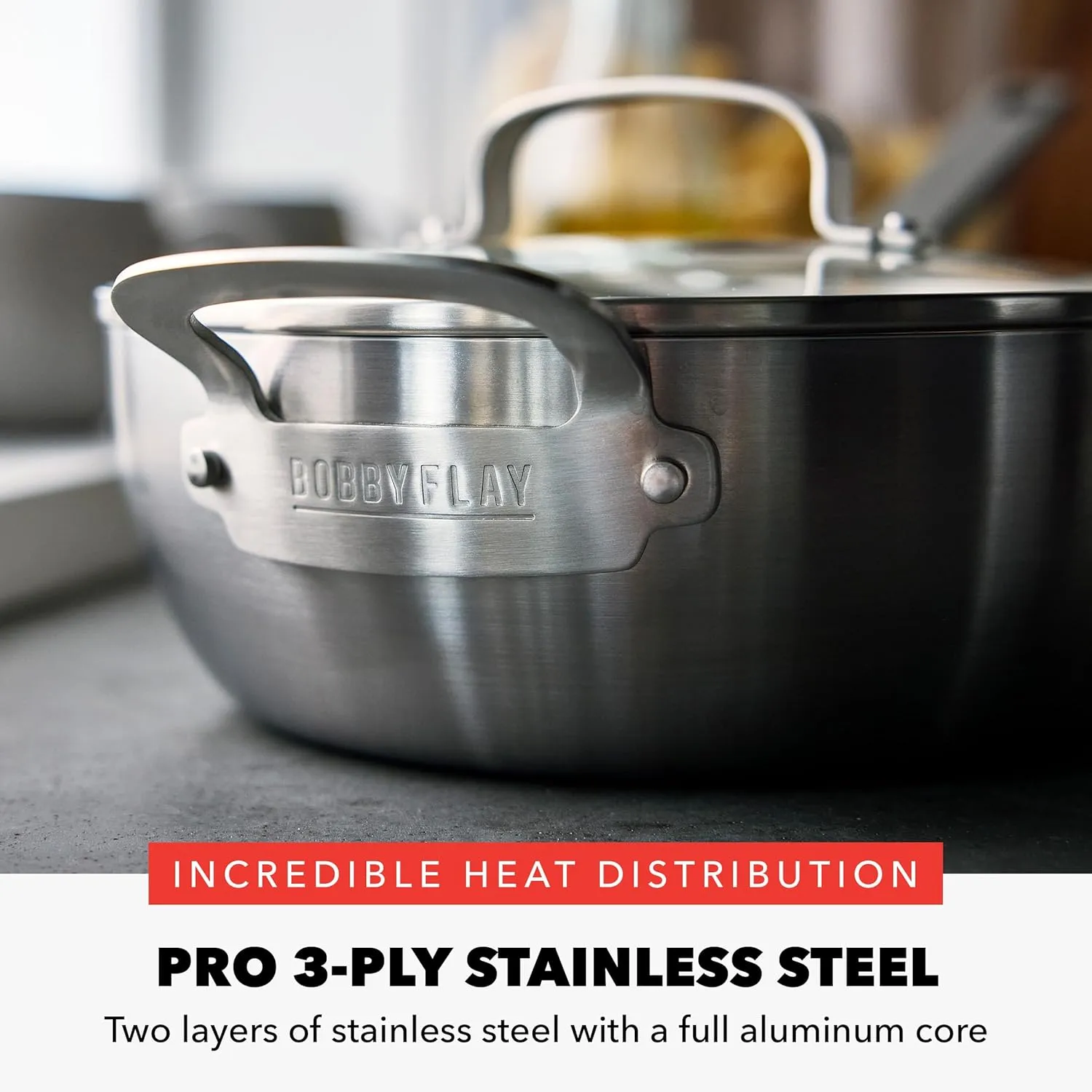 GreenPan x Bobby Flay Stainless Steel 3.75QT Saucepan with Glass Lid, Professional Grade Tri Ply Chefs Pan, Induction Suitable, Dishwasher & Oven Safe, Stay Cool Silicone Handle, Chip Free Rims
