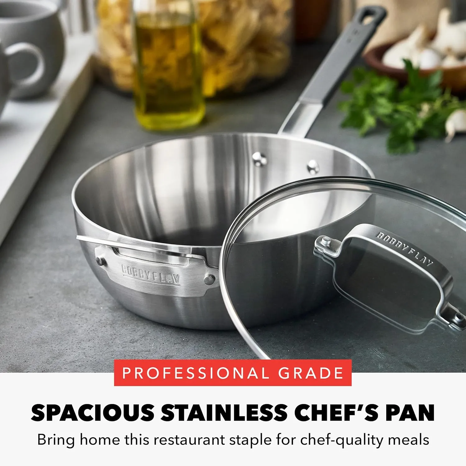 GreenPan x Bobby Flay Stainless Steel 3.75QT Saucepan with Glass Lid, Professional Grade Tri Ply Chefs Pan, Induction Suitable, Dishwasher & Oven Safe, Stay Cool Silicone Handle, Chip Free Rims