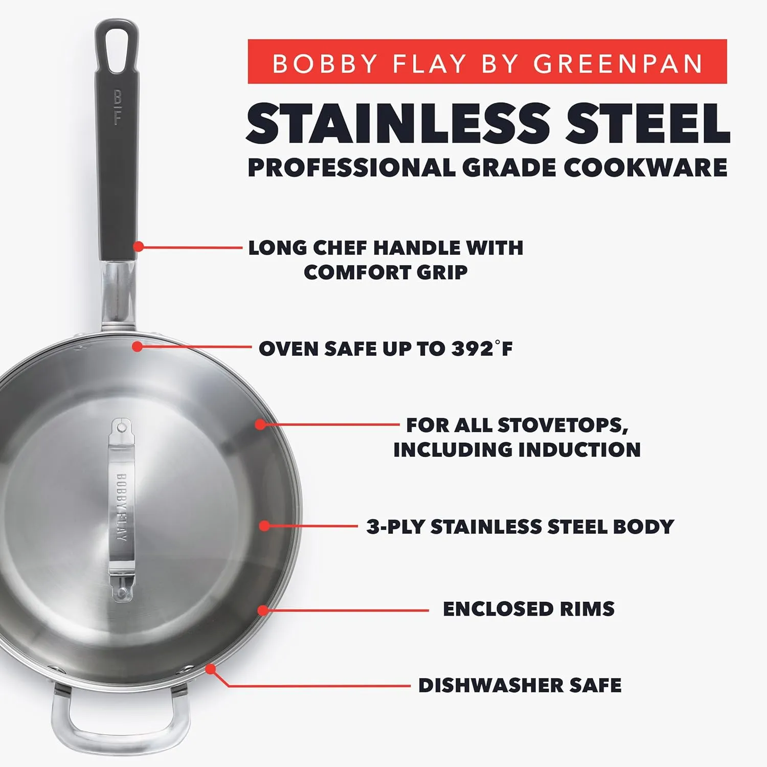 GreenPan x Bobby Flay Stainless Steel 3.75QT Saucepan with Glass Lid, Professional Grade Tri Ply Chefs Pan, Induction Suitable, Dishwasher & Oven Safe, Stay Cool Silicone Handle, Chip Free Rims
