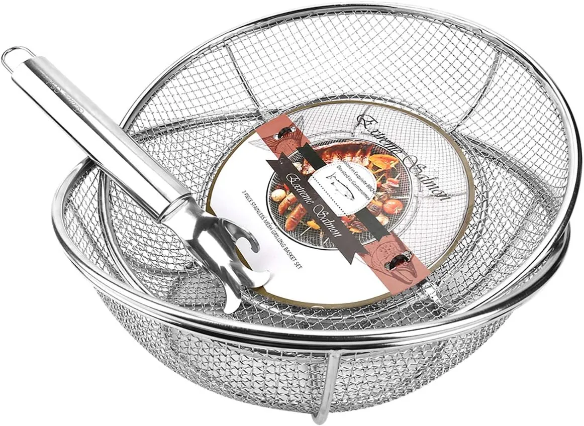 Grill Basket, Grill Accessories Set Heavy Duty Barbecue Grilling Basket Vegetables Stainless Steel Veggies Grill Topper Cookware with Handles Charcoal Gas Outdoor Grill Cooking