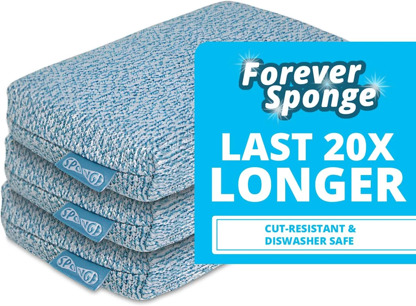 Grill Rescue Heavy Duty Kitchen Sponge - Lasts 20x Longer, Scratch-Free, Safe for Non-Stick Cookware - Cut Resistant, Versatile Household, Bathroom & Outdoor Cleaning Supplies (3, Blue)