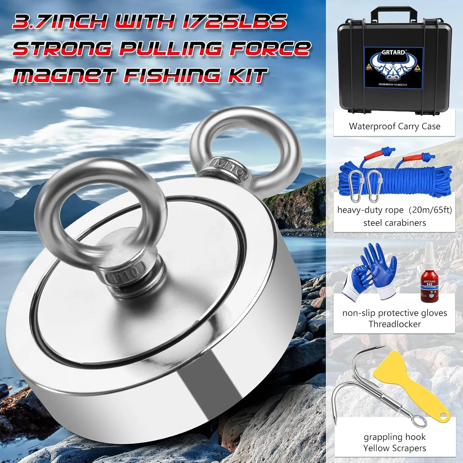 GRTARD Fishing Magnet Double Sided, 1725LBS Pulling Force Magnet Fishing, Premium Magnet Fishing Kit for Retrieving Items in River, Lake, Beach, Lawn, 3.7inch Diameter