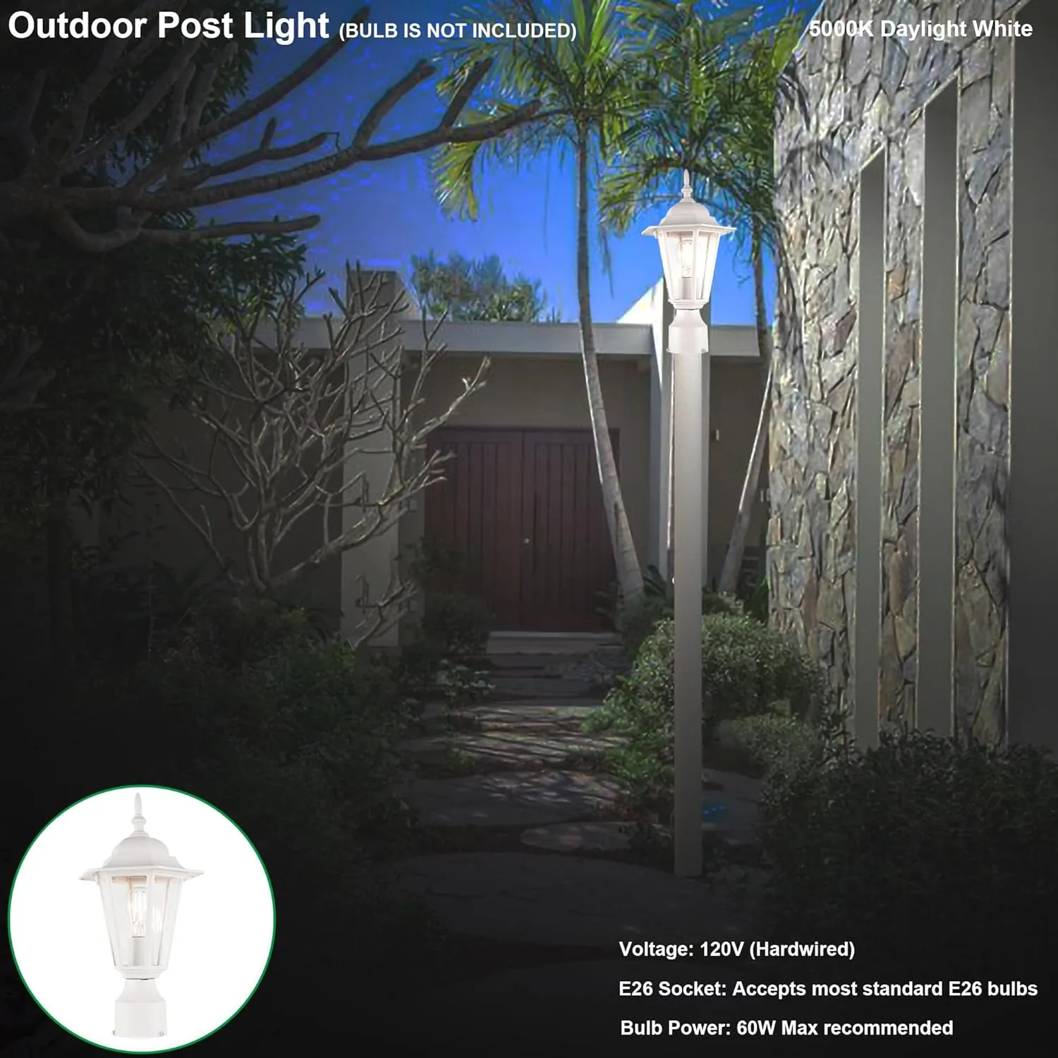 GRUENLICH Outdoor Post Lighting Fixture Pole Lantern, E26 Medium Base Max 60W, Aluminum Housing Plus Glass, Bulb Not Included, White Finish, 1 Pack