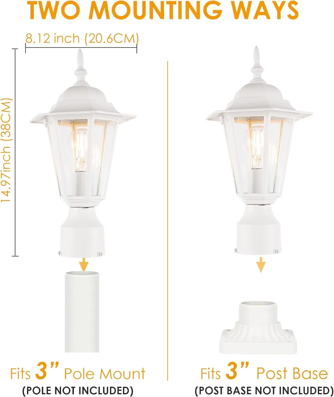 GRUENLICH Outdoor Post Lighting Fixture Pole Lantern, E26 Medium Base Max 60W, Aluminum Housing Plus Glass, Bulb Not Included, White Finish, 1 Pack